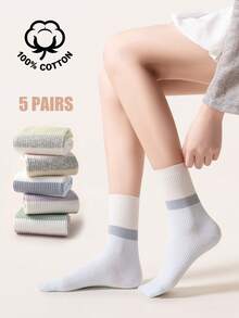 5 đôi tất cotton cổ cao dành cho nữ, tất sọc phối màu, tất mềm mại, thích hợp cho mọi mùa như đi làm/đi học. - Nhiều màu - Xem 13