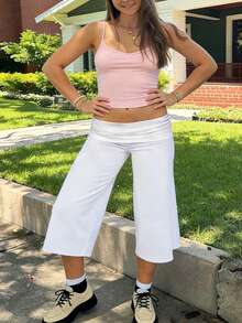 Fold Over Wide Leg Capri Pants For Women Low Rise Lounge Yoga Flare Culottes Y2k Flowy Crop Palazzo Pants - 白色 - View 3