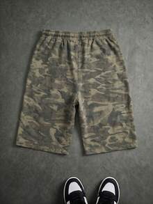 Pantalones cortos de verano casuales de hombre FRACTYR con ajuste holgado, cordón, estampado de camuflaje y pernera ancha, transpirables y cómodos para el uso en verano - Verde militar - Ver 7