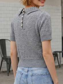 Conjunto feminino elegante, blusa de malha de manga curta com detalhes em pérolas, cor sólida, perfeita para o trabalho e encontros na primavera/verão. - Cinza - Ver 5