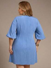 Auralis Vestido blanco para mujer de talla grande, vestido de manga media, atuendos de vacaciones para mujer, vestidos casuales para mujer, vestidos modestos para mujer, mini faldas, vestido para salir, vestido lindo/vestido de talla grande de cuello redondo y escote en V con manga abullonada/falda de línea A/ropa de oficina elegante/estilo seductor/ropa de alta gama para banquetes de talla grande, vestidos casuales de talla grande, vestidos de talla grande, ropa de talla grande para mujer, vestido de picnic de talla grande, vestido casual de talla grande para mujeres - Azul y blanco - Ver 11