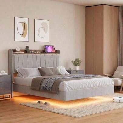 Base de cama flotante Queen con luces LED y estación de carga USB, moderna plataforma tapizada con cabecero, soporte de listones de madera maciza, sin somier, fácil montaje, sin ruido, gris