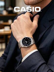 Casio Minimalistische Herrenuhr MTP-1303D-1A, schwarzes Zifferblatt mit Stabindizes, silberfarbenes Edelstahlarmband, wasserdicht bis 50 m, japanisches Quarzwerk, analoges Uhrwerk, klares Zifferblatt, elegante Uhr für Business, formelle Anlässe, Freizeit, Alltag, Date-Night, Party, Geschenk für Freund oder Ehemann, schlanke, moderne Uhr - Schwarze Stahlscheibe - Übersicht 4