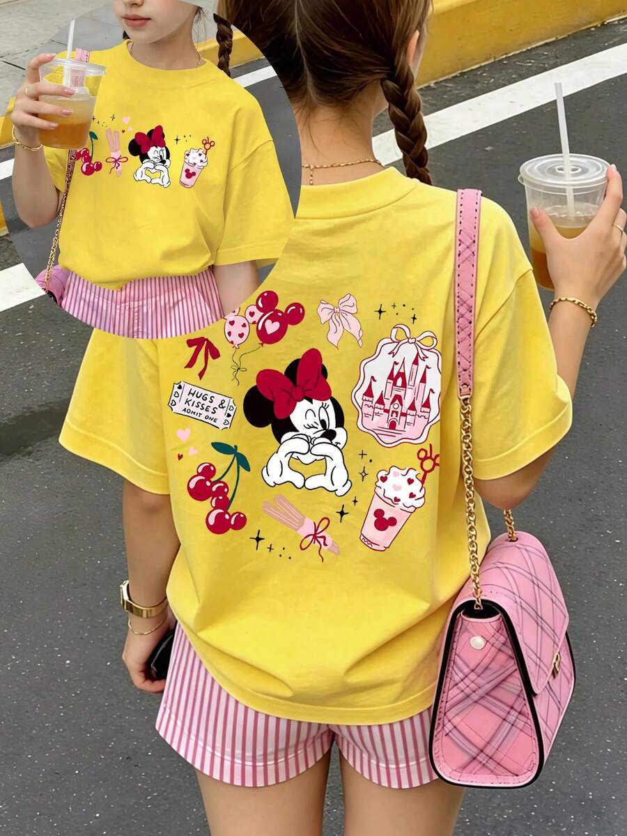 Disney Disneyland Girl Mouse Print Summer Tops, Cute Printed Pattern,Disney Kids Minnie Mouse Outfit, Perfect For Cute Girls. Teen Girl Gift,Tween Summer Clothes,Comfortable And Breathable Children's Short-Sleeved T-Shirt. Suitable For Both Boys And Girls.Suitable For Daily Wear, Vacations, Outdoor Activities, And As A Children's Gift. - 黃色 - 查看 1