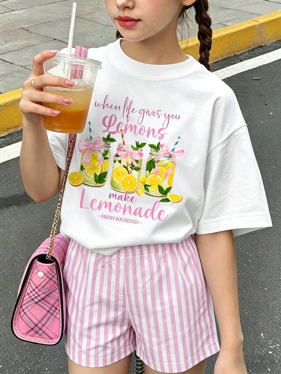 2pcs/Set Young Girls Casual Slogan & Lemon Print Round Neck Short Sleeve T-Shirt + Random Cut Striped Shorts Set, Comfortable & Fashionable Summer Outfit - Multicolor - View 1