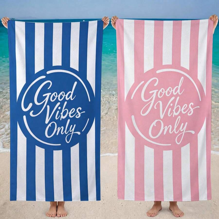 1条蓝白条纹“Good Vibes Only”印花超柔软纤维沙滩巾,多种尺寸可选,轻便沙滩毯,适合游泳、露营、运动、海滩或健身房使用,沙滩配件 | 时尚沙滩巾 | 耐用沙滩垫 - 藍白條紋Good Vibes Only - 查看 1