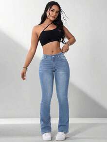 Women's Fashion Washed Flare Jeans - Lavado medio - Ver 9