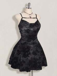 ICON Vestido con cuello en V profundo con decoración de cuentas y efecto flockado en estilo retro Y2K de talla grande, vestido con tirantes en estilo chino vintage con cuello en V profundo, adecuado para citas, banquetes, vacaciones y fiestas - Gris - Ver 5