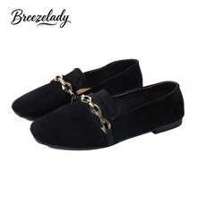 Breezelady Women's Black Faux Suede Slip-On Loafers With Chunky Gold Chain Embellishment - Soft Sole Comfort Flat Shoes For Casual Office Daily Streetwear - 黑色 - 查看 11