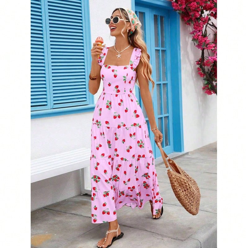Charming Women's Pink Strawberry Appliques Long Pinafore Dress, Sleeveless With Straps And A Slight Stretch Fabric, Ideal For Mother's Day. - 紫丁香 - 查看 1