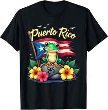Tropical Frog T-Shirt Puerto Rico Round Neck Short Sleeve Summer - 黑色 - 查看 1