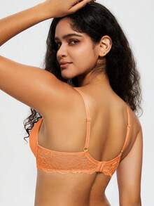 Wingslove Sujetador inalámbrico con relleno, estilo romántico con flores y encaje para mujer. Ajustable, diseño de elevación, detalles de encaje sexy, soporte suave - Naranja - Ver 8