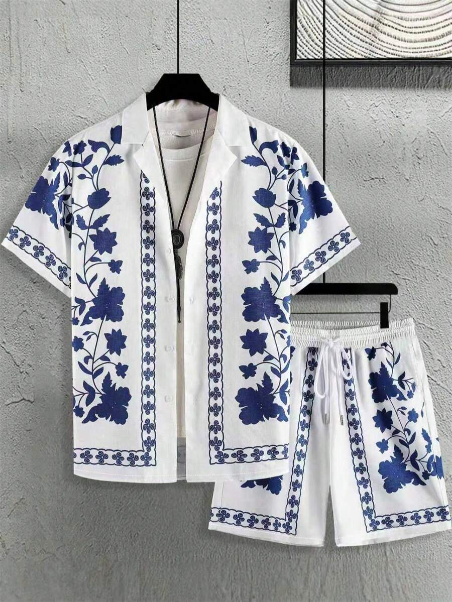 Plus Size Men's Summer Casual Tile 3D Digital Print Collared Shirt And Drawstring Waist Shorts 2 Pieces Set - Multicolor - View 1