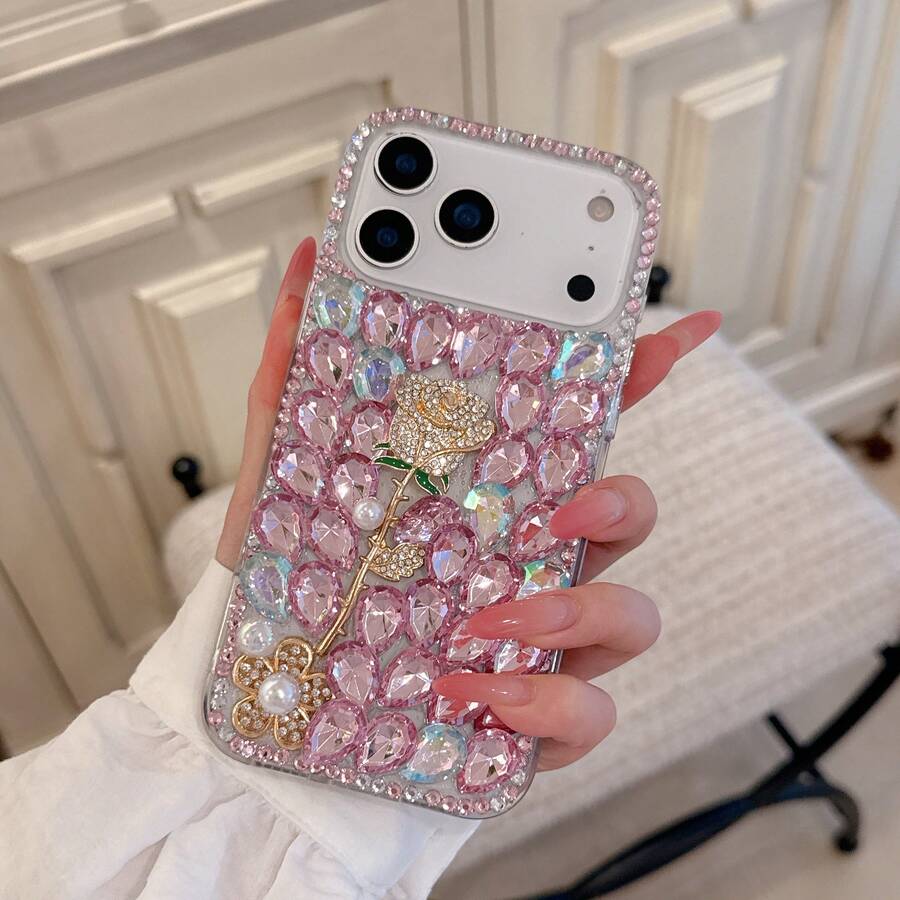 Funda de teléfono con perlas rosas brillantes de lujo para iPhone 17 Pro Max/17 Pro/17/16 Pro Max/16 Pro/16/15 Pro Max/15 Pro/15/14 Pro Max/13/11/12, funda protectora a prueba de golpes con diamantes de imitación de alta resistencia - Rosa - Ver 1