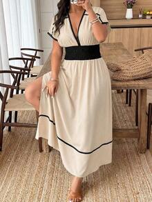 Weeklong Vestido de mujer talla grande con cuello en V profundo y estampado aleatorio - Albaricoque - Ver 12
