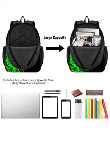Fashionable Contrast Color Design Backpack, Polyester Fiber Travel Backpack & Laptop Bag, Unisex Large Capacity Back-To-School Anti-Fatigue Ergonomic Backpack, Essential For Back-To-School Season, Birthday Gift - Black - View 5