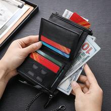 CarrKen New Business Dual Zipper Men's Snap Closure Short Wallet With Chain, Vertical Large Capacity Credit Card Holder, Front Zipper Coin Pocket, Perfect Gift For Him - Multicolor - View 7