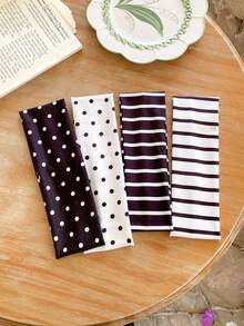 4pcs Korean Sweet Style Cute Polka Dot & Striped Print Wide Headband Set, High Elasticity Fashion Versatile Hairband - Multicolor - View 11