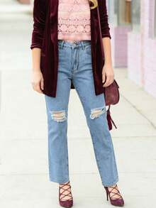Women's Knee Ripped Pocket Casual Tapered Leg Jeans - Light Wash - View 4