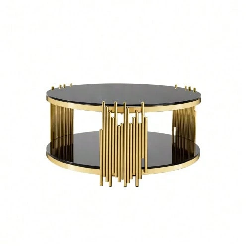 Modern Black Glass Coffee Table, Luxury Living Room Tables With Double Glass Top, Round Coffee Table With Gold Steel Base, Sofa Side Table With Round Glass Top, Coffee Table For Living Room/Home/Office - Gold - View 1
