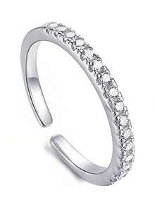 2pcs Simulated Moissanite V-Shaped One-Row Rhinestones Platinum Color Rings Set, Simple V-Shape Band Open Ring Couple Rings For Daily Wear, Valentine's Day Gift - Silver - View 11