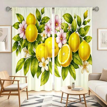 2pcs Fresh Lemon Bouquet Pattern Semi-Blackout Bedroom Curtains, No-Drill Rod Pocket Design, Lightweight Curtains For Living Room, Kitchen, Home Decor, Polyester Fabric, Machine/Hand Washable