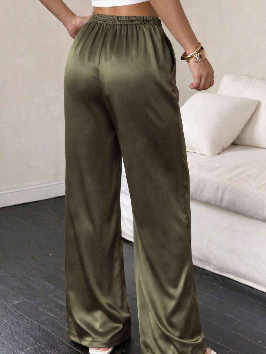 Quần ống rộng cạp cao màu xanh quân đội bằng vải satin, có dây rút, thích hợp mặc mùa hè cho nữ.