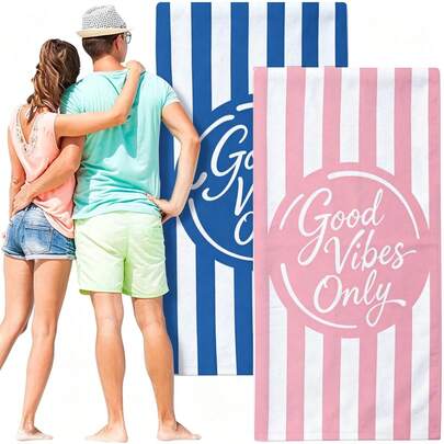 1 chiếc khăn tắm biển sợi siêu mềm in sọc hồng trắng "Good Vibes Only", khăn trải biển đôi, nhiều kích cỡ, nhẹ, thích hợp cho bơi lội, cắm trại, thể thao, bãi biển hoặc phòng tập thể dục, phụ kiện bãi biển | Khăn tắm biển hiện đại | Thảm biển bền, khăn tắm biển
