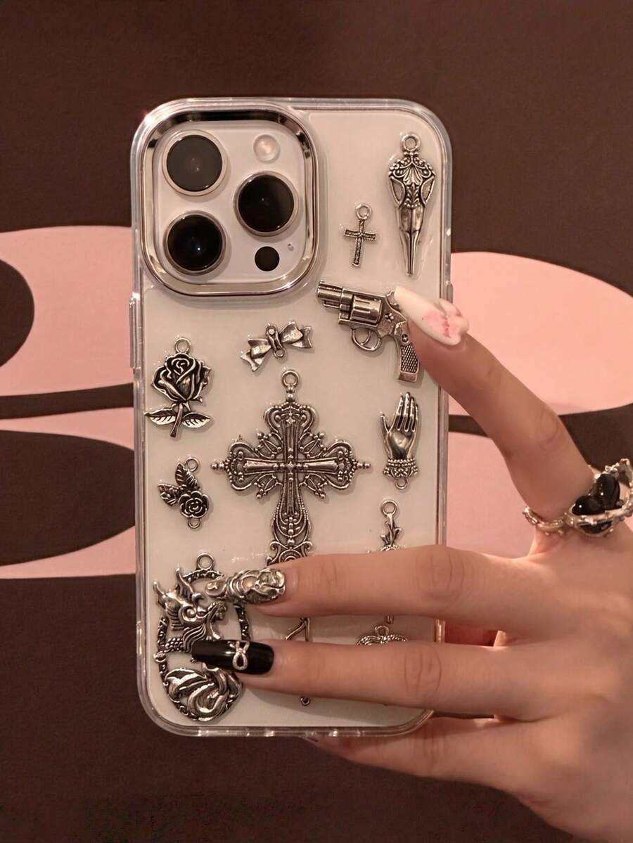 奢華復古哥德風十字心形火焰動物蛇紋透明手機殼，適用於 iPhone 17 AIR 16 15 14 13 12 11 Pro Max 14 15 Plus，防震軟殼