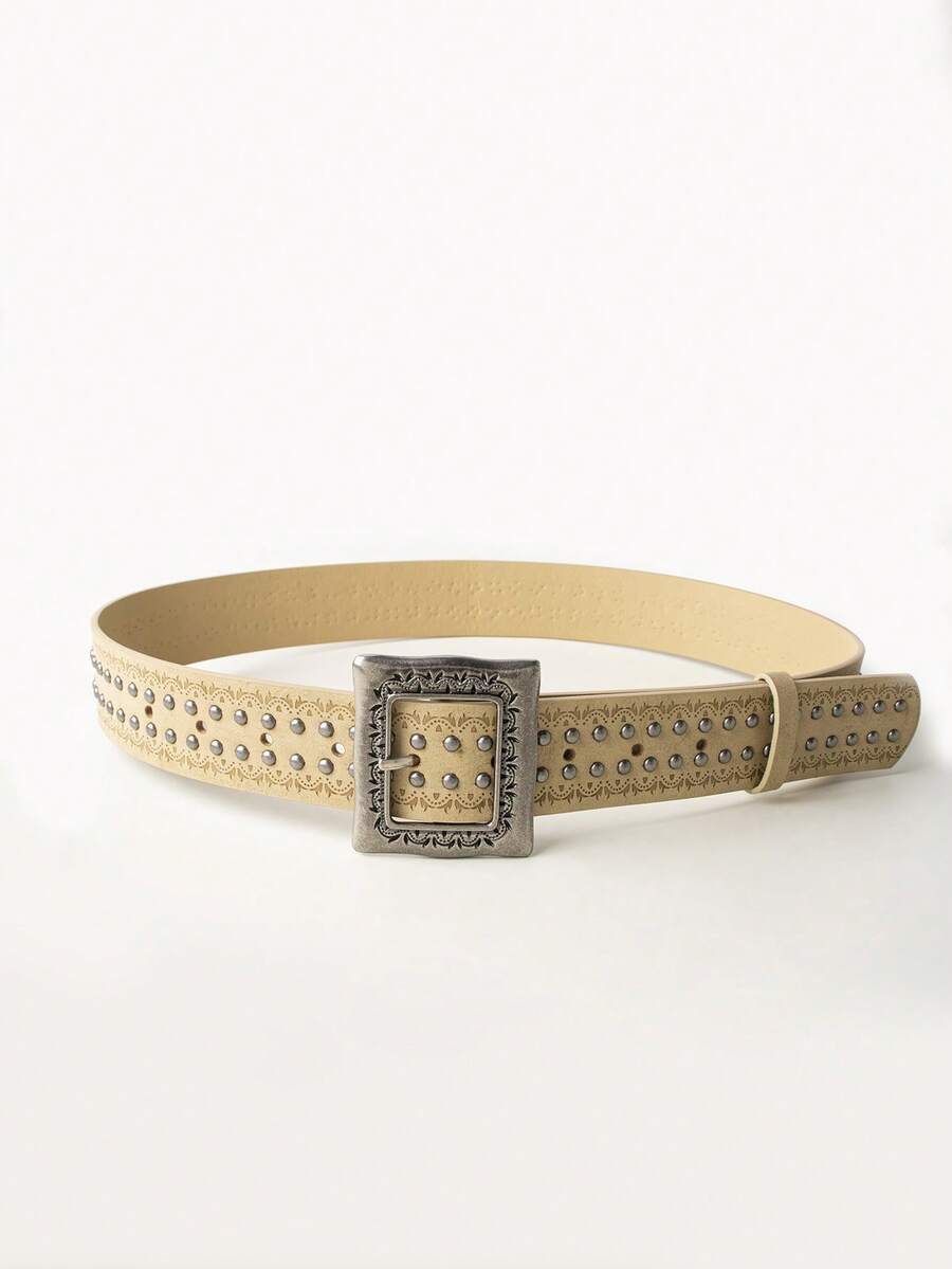 1 pieza Cinturón de mujer estilo occidental vintage desgastado con remaches en relieve, de estilo bohemio y casual - Remache de corazón ondulado - Ver 1