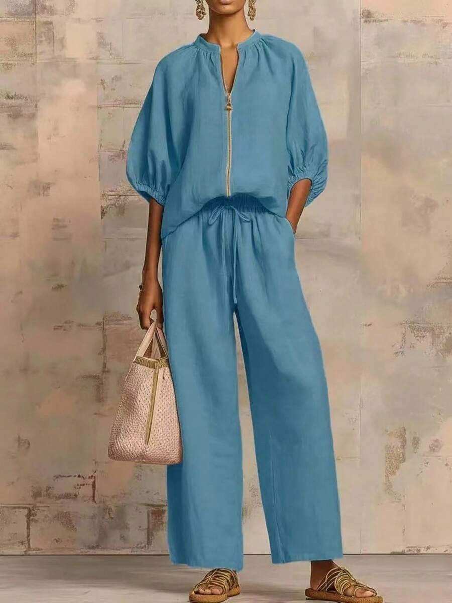 2026 Summer New Women's Casual Loose Solid Color Zipper Round Neck Wide-Leg Pants Set - 孔雀藍 - 查看 1