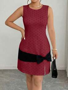 Vestido mini de punto de línea A con contraste de lunares y lazo, elegante y sin mangas, para mujer de talla grande, primavera/verano - Multicolor - Ver 5