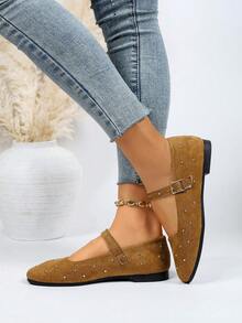Women's French Rhinestone Vintage Mary Jane Flat Shoes, Strap Square Toe Soft Sole, Multiple Colors, Versatile For Spring/Summer - Brown - View 5