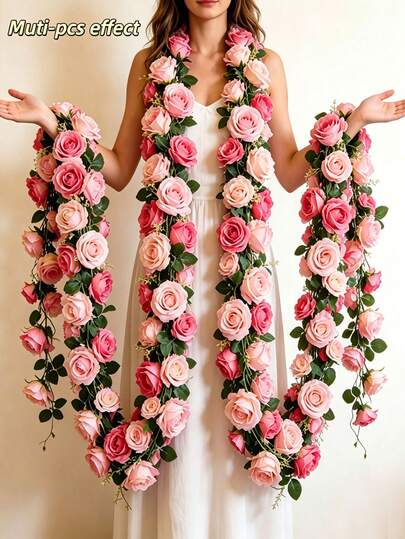 2pcs/Set 5m Double-Layer Pink Rose Artificial Vine Garland, Durable Soft Lifelike, Suitable For Wedding, Valentine's Day, Mother's Day, Home Garden DIY Decor