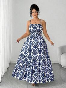 Vestido maxi de mujer talla grande con bloque de color naranja, estampado, hombros fruncidos, bajo con empalme floral, favorecedora, romántica, adecuada para vacaciones, playa, citas, salidas, verano, elegante, cómoda, apropiada para vacaciones, boda, fiesta, graduación, San Valentín, festival de música, Día de la Madre, Halloween, Acción de Gracias, Pascua, Día Nacional, baile de graduación, fiesta de citas, temporada de bodas, actividades al aire libre - Azul y blanco - Ver 5