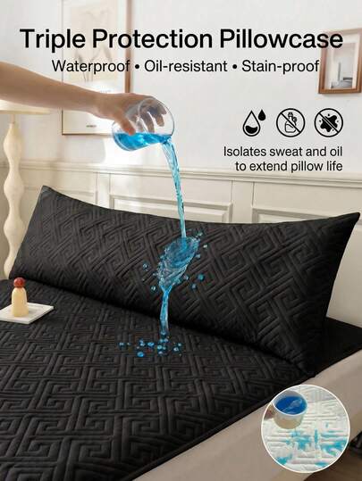 1 Pack Couple Double Pillowcase, Triple Protection Quilted Waterproof Pillow Protector, Anti Saliva Head Oil Stain Dust Resistant, Extend Pillow Life, Pet Friendly, Washable Reusable Machine Washable Soft Breathable Bedding Accessory For Home Hotel Dorm