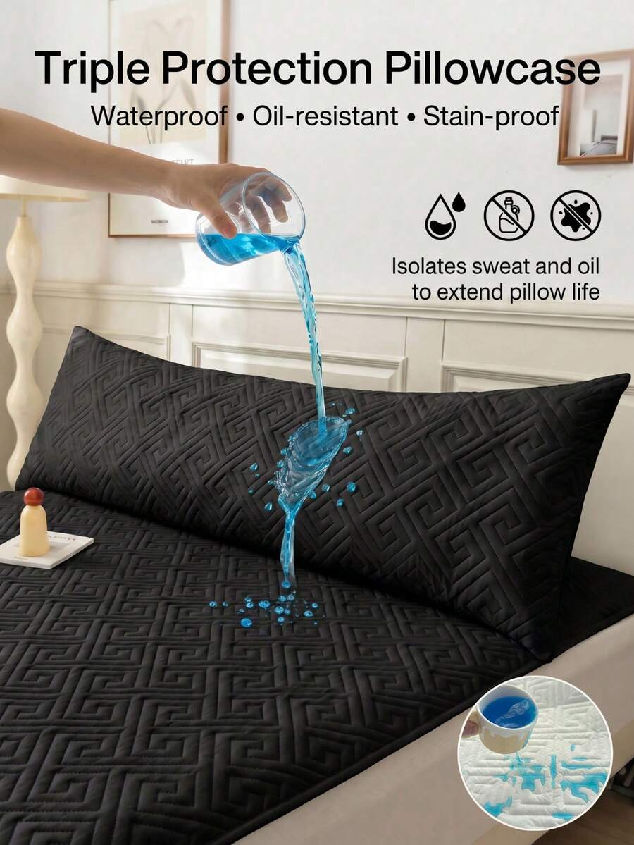1 Pack Couple Double Pillowcase, Triple Protection Quilted Waterproof Pillow Protector, Anti Saliva Head Oil Stain Dust Resistant, Extend Pillow Life, Pet Friendly, Washable Reusable Machine Washable Soft Breathable Bedding Accessory For Home Hotel Dorm - Black - View 1