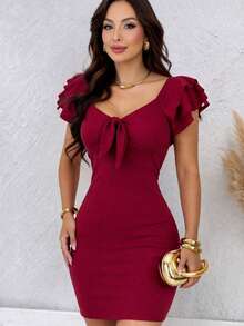 Women's Dress With Tie Detail And Short Sleeves, With Built-In Bra Cups. - Gỗ đỏ - Xem 1