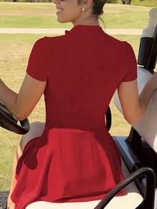 女款歐美運動通勤風純色立領拉鍊收腰修身短袖迷你洋裝，貼身顯身材，適合戶外運動、高爾夫、日常通勤、度假、徒步等多種場合，女款運動服，針織面料 - 紅色 - 查看 5