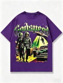 Alien T Shirts Men, Retro Godspeed Alien Astronaut Print, 100% Cotton Crew Neck Short Sleeve, Y2K Hip-Hop Style, Digital Print, Big And Tall,   For Men - Màu tím - Xem 7