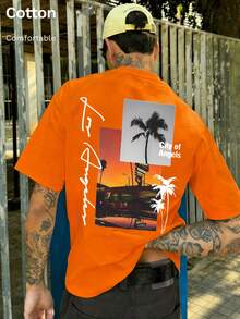 Men's Summer Casual Sports T-Shirt In 100% Cotton, Featuring A Los Angeles City Print; A Soft And Breathable Men's Short-Sleeved Top - Orange - View 3