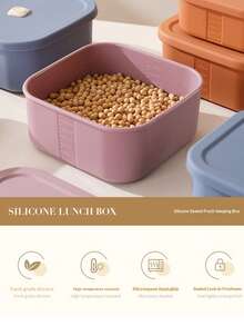 Caja de almuerzo cuadrada de silicona, recipiente de almacenamiento de alimentos con válvula de aire, caja bento para microondas para frutas y verduras - Multicolor - Ver 4