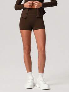 Women's Seamless Casual Butt-Lifting Lightweight Shorts, Solid Color Yoga Running Sports Shorts, European Size - Coffee Brown - View 4