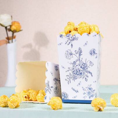 Blue & White Chinoiserie Floral Popcorn Boxes, Disposable Paper Snack Containers With Delicate Rose & Butterfly Print, 4.52x2.95x2.16 Inch Treat Boxes For Elegant Garden Party, Bridal Shower, Tea Party, Backyard Gathering, Movie Night, Carnival, Outdoor Picnic, Party Favors, Candy Buffet, Dessert Table Decor, Sturdy Paper Popcorn Holders Multi Size Optional With 10PCS 20PCS 50PCS 100PCS For All Adult Celebration Occasions