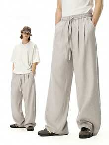 Pantalones básicos rectos para hombre, diseño neutro liso con cintura elástica ajustable, pantalón cómodo versátil apto para todo el año y uso diario casual - Lino - Ver 6