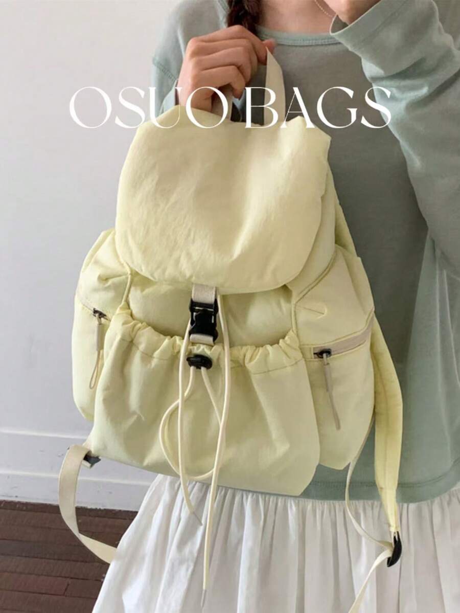 Large Capacity Fashionable Solid Color Multi-Pocket Nylon Casual Backpack, Waterproof Lightweight Foldable Drawstring Patch Letter Travel Bag, Summer