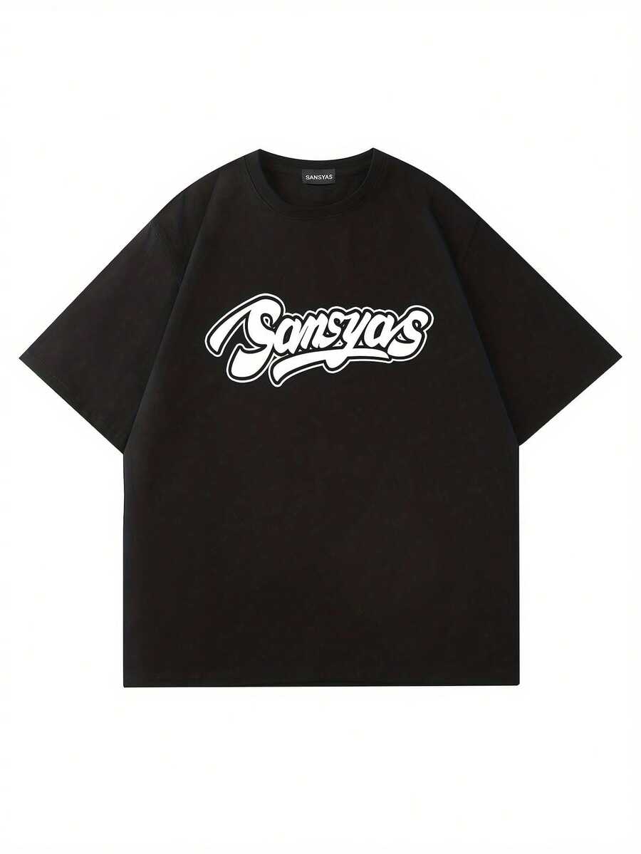 Camiseta de Algodón Puro Estilo Coreano Ajustada y Holgada de Manga Corta para Parejas, Estilo Americano - Negro - Ver 1