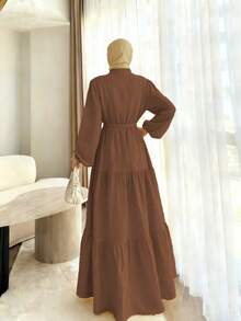 Women's Elegant Solid Color Button Waist Tie Belted Long Sleeve Patchwork Hem Dress, Suitable For Daily Wear, Birthday Party, Formal Evening, Date, Autumn/Winter Spring - Brown - View 4
