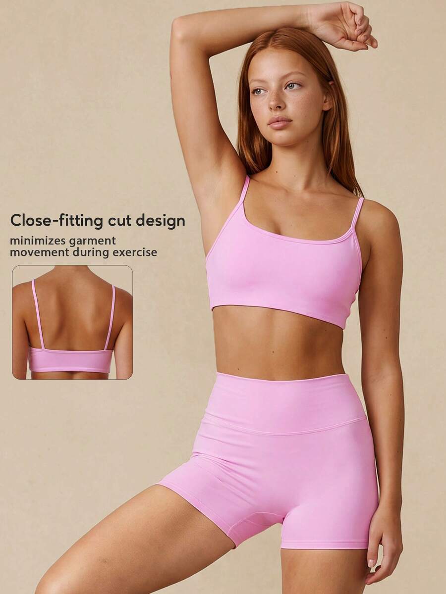 2pcs/Set Women's Classic Spaghetti Strap Sports Bra And High Waist Deep V Lifting Shorts, Activewear For Running, Fitness, Cycling, Spring/Summer