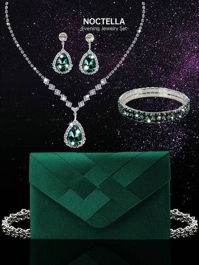 Noctella 1 Set Elegant Satin Clutch Bag, Luxury Rhinestone Jewelry Set Including Necklace, Bracelet And Earrings, Perfect Accessory For Wedding, Gala, Party, Ballroom Dress